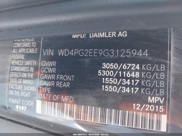 Продажа на аукционе авто 2016 Mercedes-benz Metris, vin: WD4PG2EE9G3125944, номер лота: 46067872
