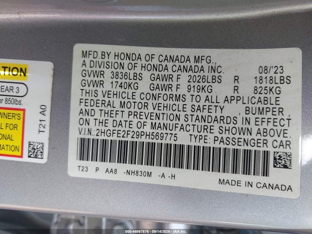 Aukcja sprzedaży 2023 Honda Civic Lx, vin: 2HGFE2F29PH569775, numer aukcji: 46067876