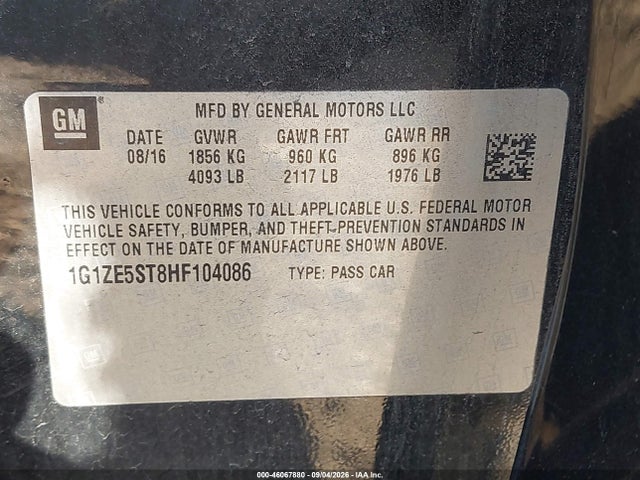 2017 Chevrolet Malibu 1lt მანქანა იყიდება აუქციონზე, vin: 1G1ZE5ST8HF104086, აუქციონის ნომერი: 46067880