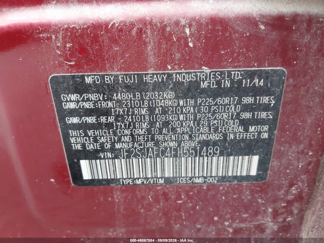 Aukcja sprzedaży 2015 Subaru Forester 2.5i Premium, vin: JF2SJAFC4FH551489, numer aukcji: 46067884