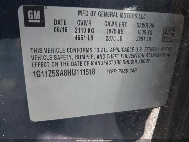 Продаж на аукціоні авто 2017 Chevrolet Impala Ls, vin: 1G11Z5SA8HU111518, номер лоту: 46067885