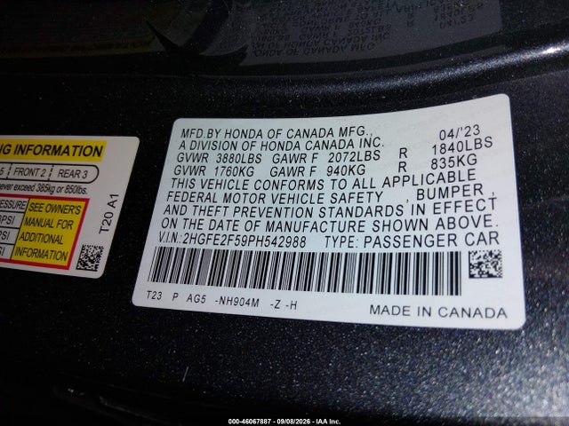 46067887 :رقم المزاد ، 2HGFE2F59PH542988 vin ، 2023 Honda Civic Sport مزاد بيع