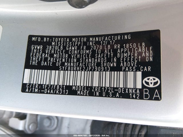 46067891 :رقم المزاد ، 5YFBURHE2JP790913 vin ، 2018 Toyota Corolla Le مزاد بيع
