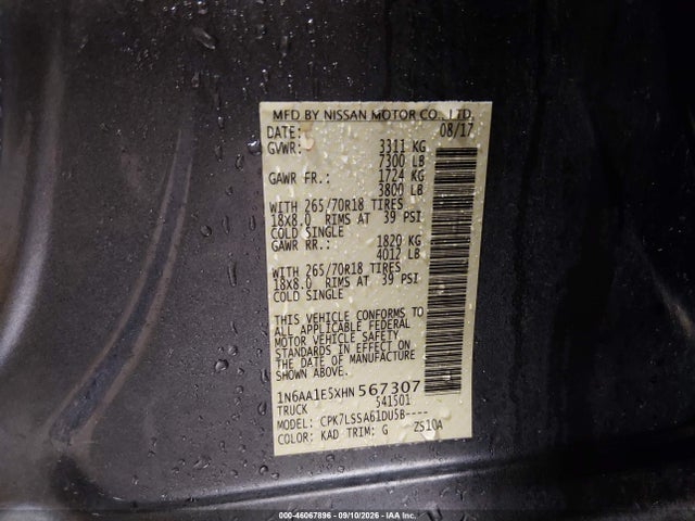 2017 Nissan Titan Sv მანქანა იყიდება აუქციონზე, vin: 1N6AA1E5XHN567307, აუქციონის ნომერი: 46067896