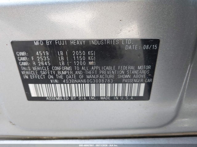 Aukcja sprzedaży 2016 Subaru Legacy 2.5i Limited, vin: 4S3BNAN60G3008783, numer aukcji: 46067901