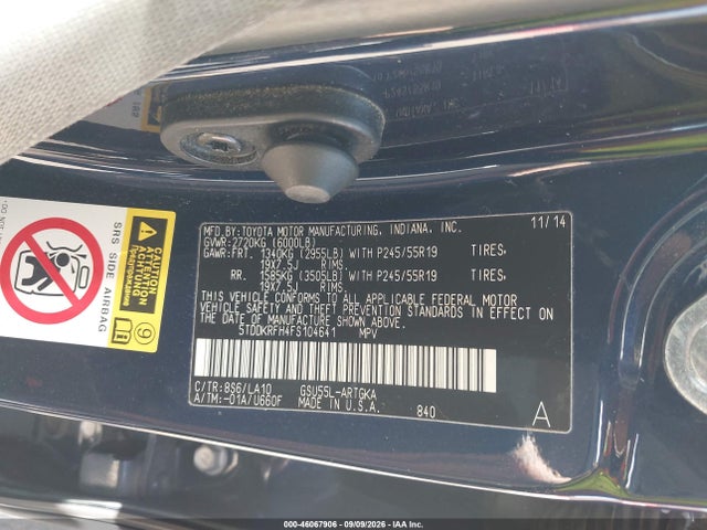 Aukcja sprzedaży 2015 Toyota Highlander Limited V6, vin: 5TDDKRFH4FS104641, numer aukcji: 46067906