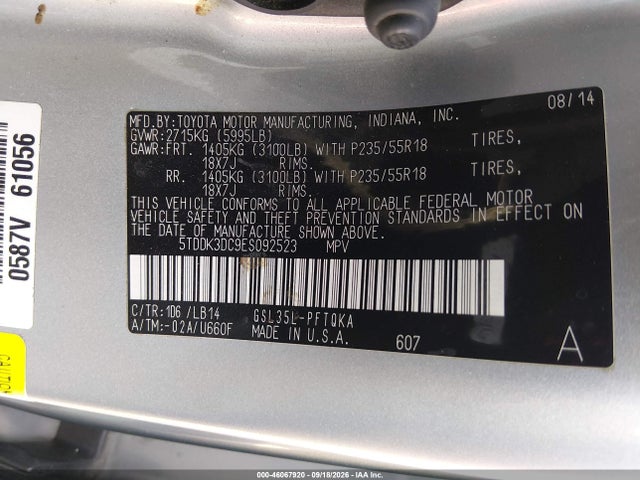 2014 Toyota Sienna Xle 7 Passenger მანქანა იყიდება აუქციონზე, vin: 5TDDK3DC9ES092523, აუქციონის ნომერი: 46067920