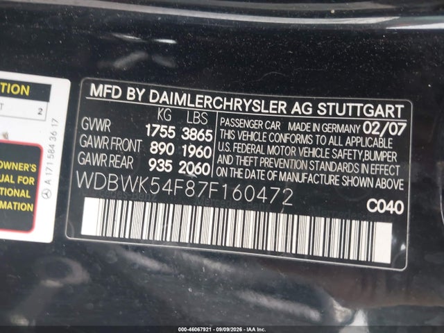 Aukcja sprzedaży 2007 Mercedes-benz Slk 280, vin: WDBWK54F87F160472, numer aukcji: 46067921