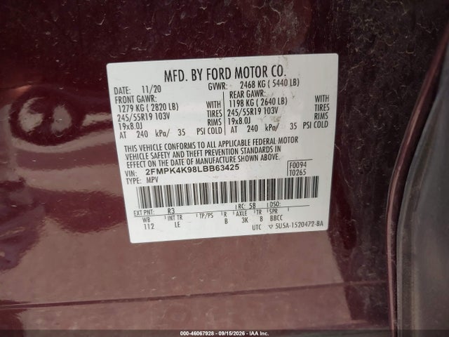 46067928 :رقم المزاد ، 2FMPK4K98LBB63425 vin ، 2020 Ford Edge Titanium مزاد بيع
