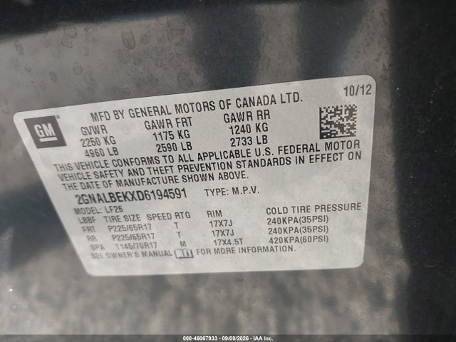 Aukcja sprzedaży 2013 Chevrolet Equinox Ls, vin: 2GNALBEKXD6194591, numer aukcji: 46067933
