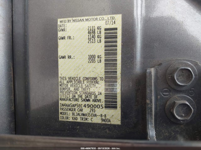 Auction sale of the 2014 Nissan Maxima 3.5 Sv, vin: 1N4AA5AP5EC490005, lot number: 46067935