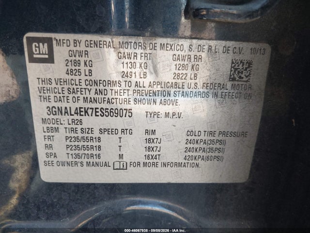 Продажа на аукционе авто 2014 Chevrolet Captiva Sport Ltz, vin: 3GNAL4EK7ES569075, номер лота: 46067938