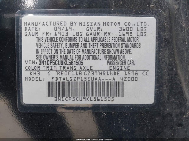 3N1CP5CU9KL561505 Nissan KICKS SV