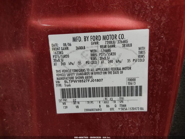 46067955 :رقم المزاد ، 5LTPW18527FJ01807 vin ، 2007 Lincoln Mark Lt مزاد بيع