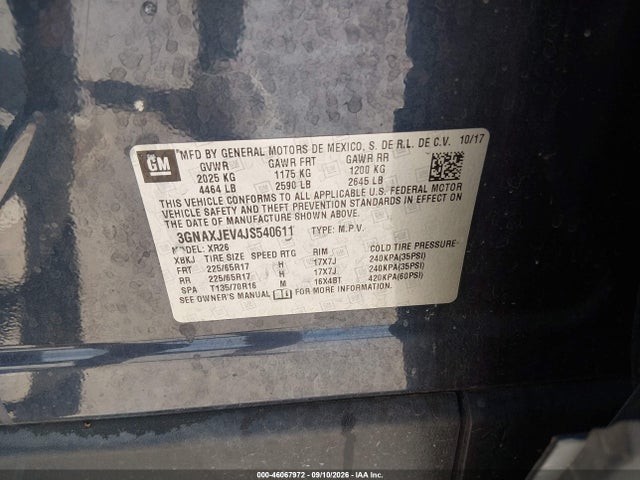 46067972 :رقم المزاد ، 3GNAXJEV4JS540611 vin ، 2018 Chevrolet Equinox Lt مزاد بيع