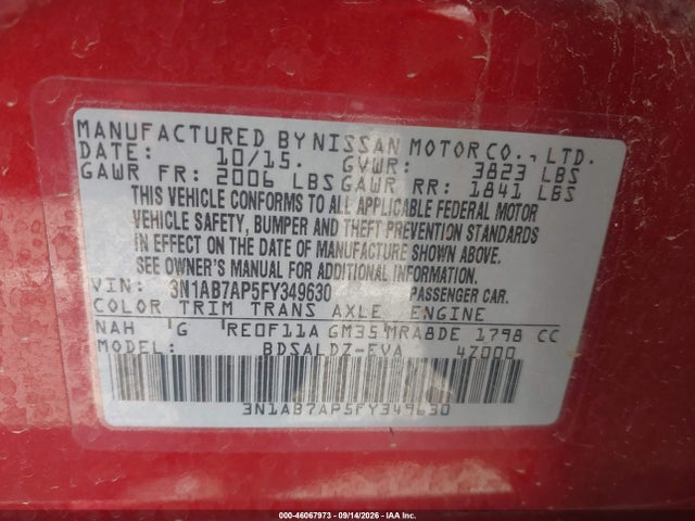 2015 Nissan Sentra Sv მანქანა იყიდება აუქციონზე, vin: 3N1AB7AP5FY349630, აუქციონის ნომერი: 46067973
