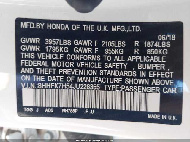 Honda CIVIC EX 2018 SHHFK7H54JU228355 Image 9