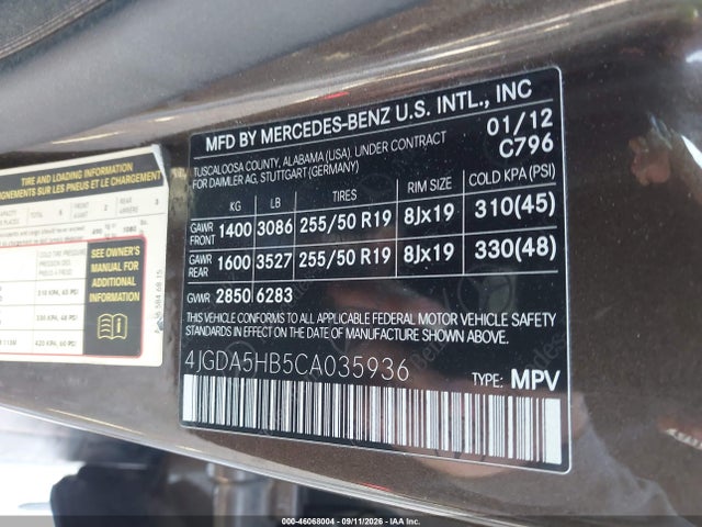 Продаж на аукціоні авто 2012 Mercedes-benz Ml 350 4matic, vin: 4JGDA5HB5CA035936, номер лоту: 46068004