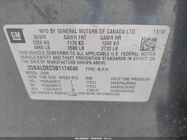 Aukcja sprzedaży 2011 Chevrolet Equinox 1lt, vin: 2GNALDEC9B1174640, numer aukcji: 46068007