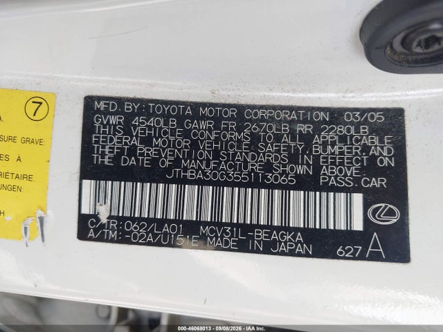 46068013 :رقم المزاد ، JTHBA30G355113065 vin ، 2005 Lexus Es 330 مزاد بيع