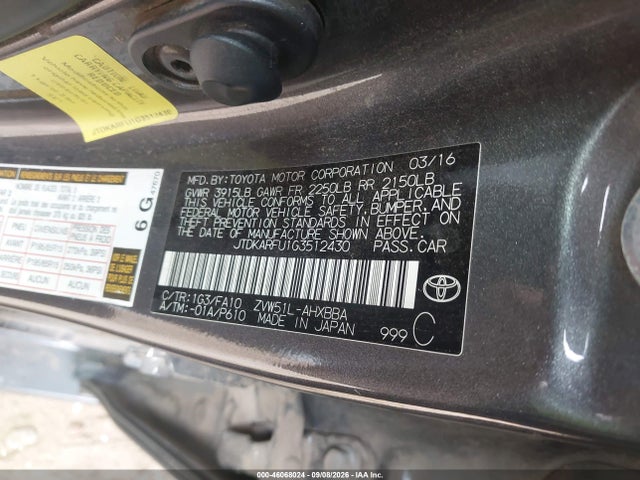 Продаж на аукціоні авто 2016 Toyota Prius Two Eco, vin: JTDKARFU1G3512430, номер лоту: 46068024