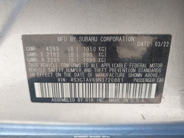 Aukcja sprzedaży 2022 Subaru Impreza Premium 5-door, vin: 4S3GTAV69N3720881, numer aukcji: 46068026
