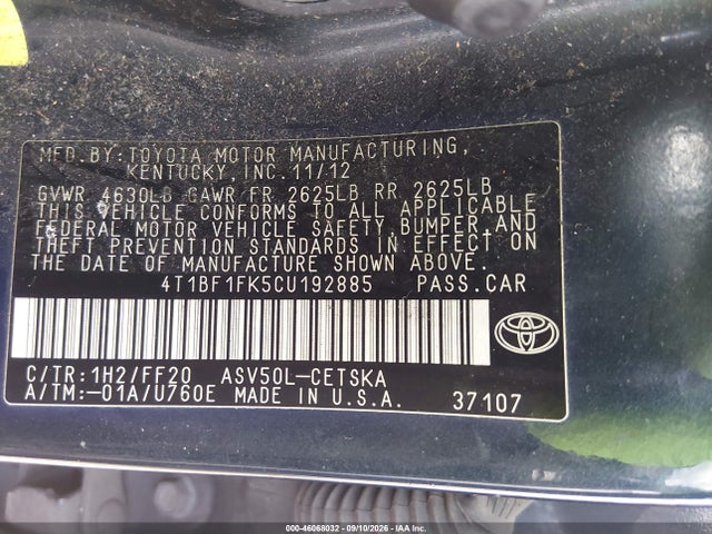 46068032 :رقم المزاد ، 4T1BF1FK5CU192885 vin ، 2012 Toyota Camry Se مزاد بيع