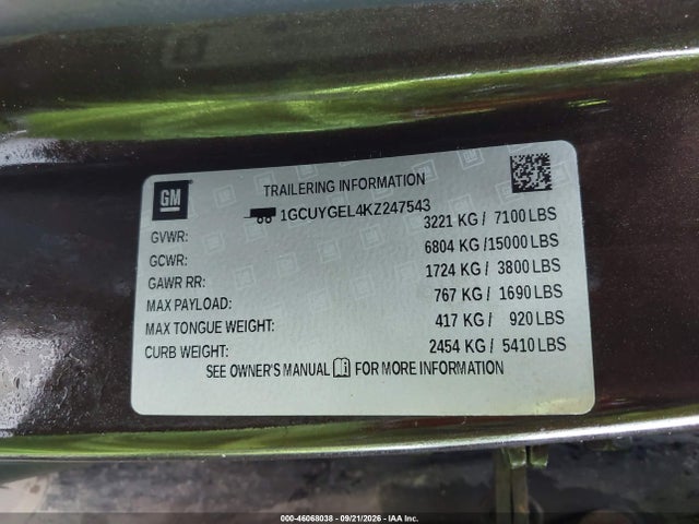 Auction sale of the 2019 Chevrolet Silverado 1500 Ltz, vin: 1GCUYGEL4KZ247543, lot number: 46068038