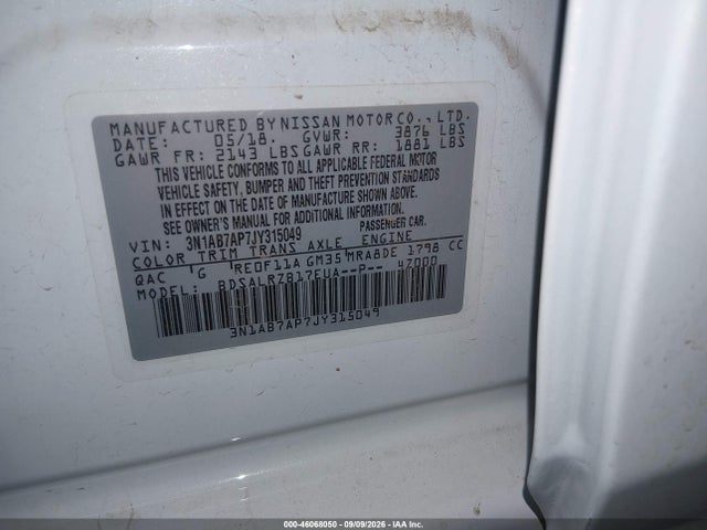 Продаж на аукціоні авто 2018 Nissan Sentra Sr, vin: 3N1AB7AP7JY315049, номер лоту: 46068050