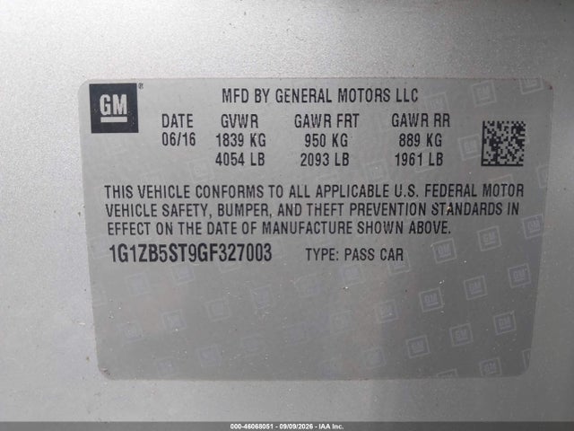 Продажа на аукционе авто 2016 Chevrolet Malibu Ls, vin: 1G1ZB5ST9GF327003, номер лота: 46068051