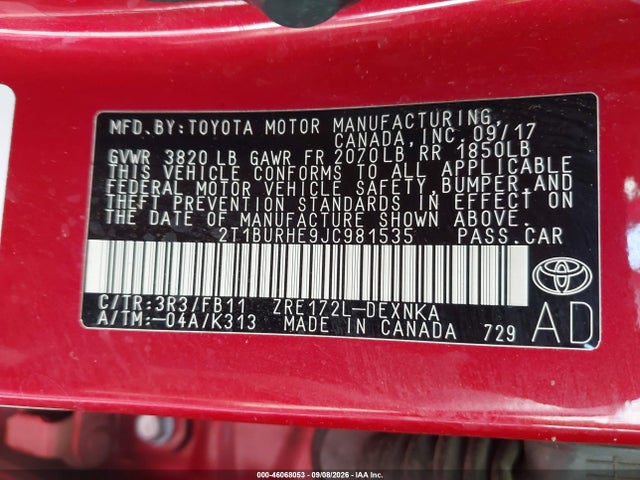 Toyota COROLLA LE 2018 2T1BURHE9JC981535 Image 9