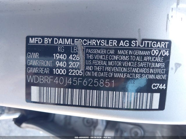 2005 Mercedes-benz C 230 Kompressor Sport მანქანა იყიდება აუქციონზე, vin: WDBRF40J45F625851, აუქციონის ნომერი: 46068055