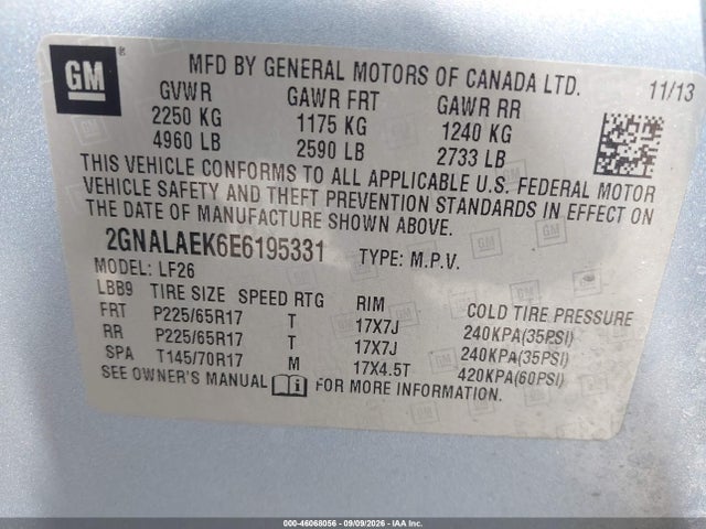 46068056 :رقم المزاد ، 2GNALAEK6E6195331 vin ، 2014 Chevrolet Equinox Ls مزاد بيع