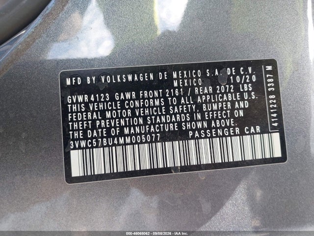 46068062 :رقم المزاد ، 3VWC57BU4MM005077 vin ، 2021 Volkswagen Jetta 1.4t R-line/1.4t S/1.4t Se مزاد بيع