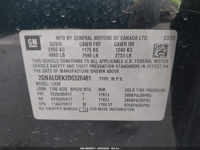 46068074 :رقم المزاد ، 2GNALDEK2D6326481 vin ، 2013 Chevrolet Equinox 1lt مزاد بيع