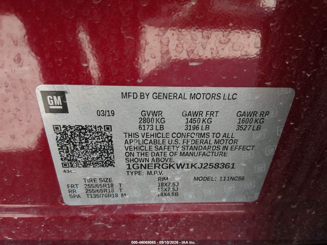 Chevrolet Traverse 1lt 2019 1GNERGKW1KJ258361 Image 9
