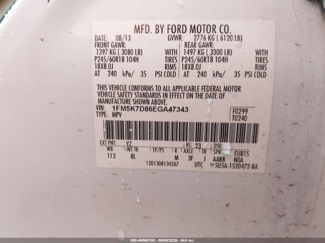 2014 Ford Explorer Xlt მანქანა იყიდება აუქციონზე, vin: 1FM5K7D86EGA47343, აუქციონის ნომერი: 46068105