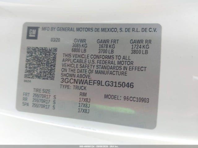 46068124 :رقم المزاد ، 3GCNWAEF9LG315046 vin ، 2020 Chevrolet Silverado 1500 2wd  Long Bed Wt مزاد بيع