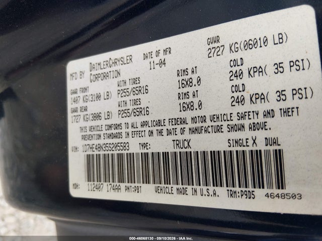 2005 Dodge Dakota Slt მანქანა იყიდება აუქციონზე, vin: 1D7HE48N35S205583, აუქციონის ნომერი: 46068130
