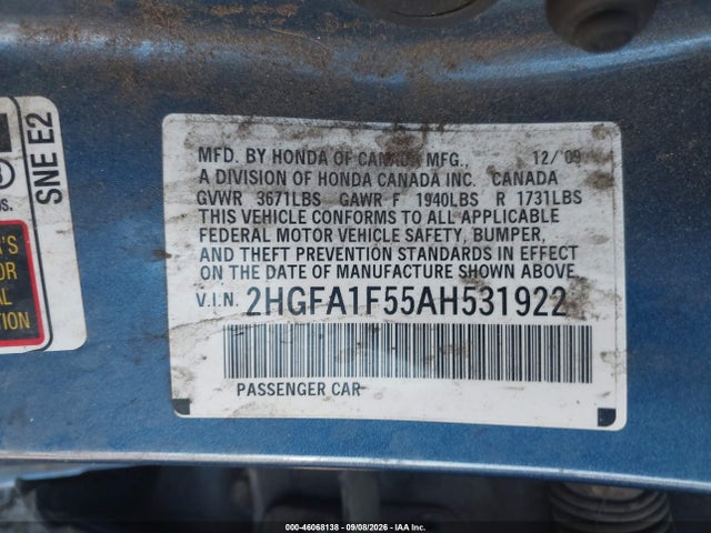 2010 Honda Civic Lx მანქანა იყიდება აუქციონზე, vin: 2HGFA1F55AH531922, აუქციონის ნომერი: 46068138