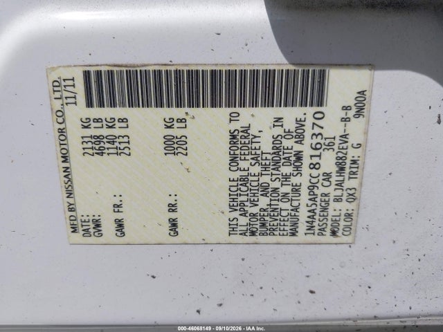 2012 Nissan Maxima 3.5 Sv მანქანა იყიდება აუქციონზე, vin: 1N4AA5AP9CC816370, აუქციონის ნომერი: 46068149