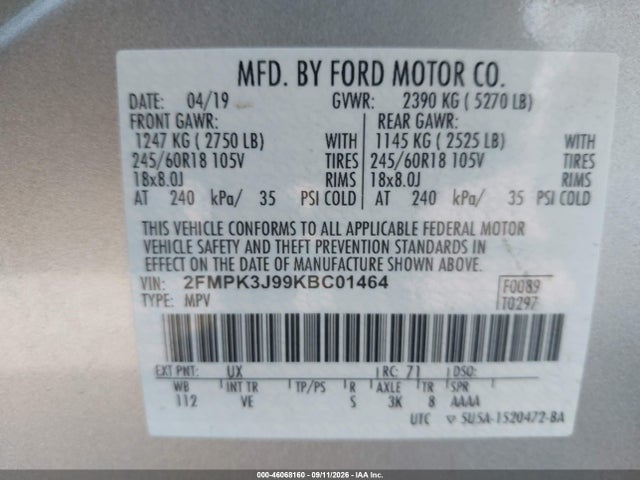 Ford EDGE SEL 2019 2FMPK3J99KBC01464 Image 9