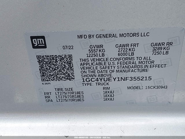 46068185 :رقم المزاد ، 1GC4YUEY1NF355215 vin ، 2022 Chevrolet Silverado 3500hd 4wd  Long Bed Ltz مزاد بيع