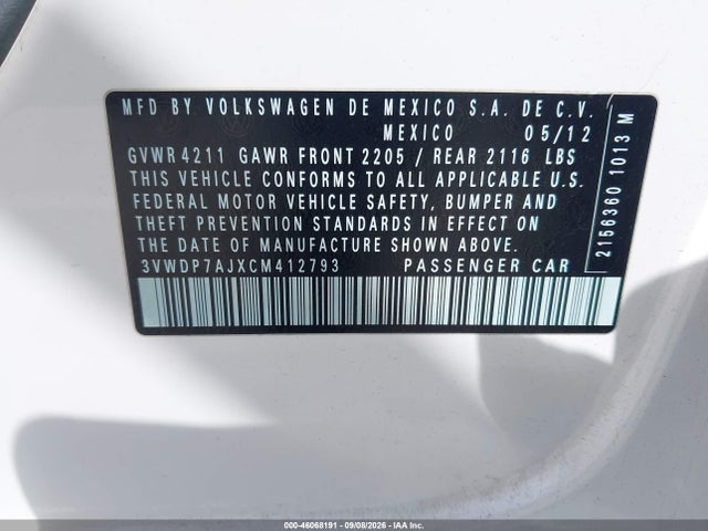 Aukcja sprzedaży 2012 Volkswagen Jetta 2.5l Se, vin: 3VWDP7AJXCM412793, numer aukcji: 46068191