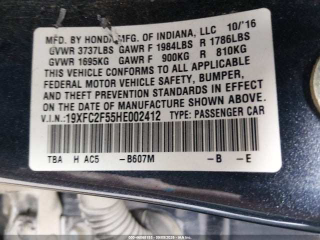 2017 Honda Civic Lx მანქანა იყიდება აუქციონზე, vin: 19XFC2F55HE002412, აუქციონის ნომერი: 46068193