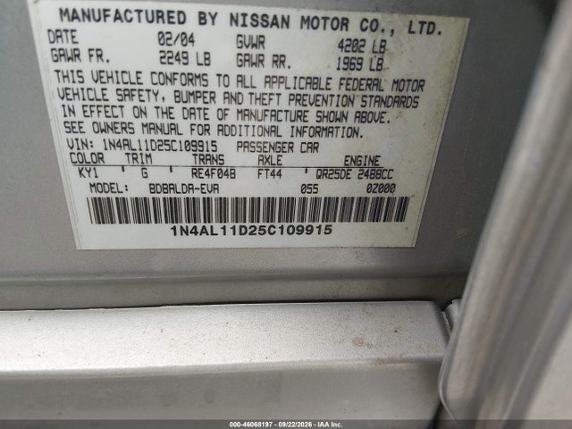 Aukcja sprzedaży 2005 Nissan Altima 2.5 S, vin: 1N4AL11D25C109915, numer aukcji: 46068197