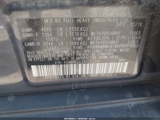Продажа на аукционе авто 2010 Subaru Outback 3.6r Limited, vin: 4S4BRELC3A2362391, номер лота: 46068213