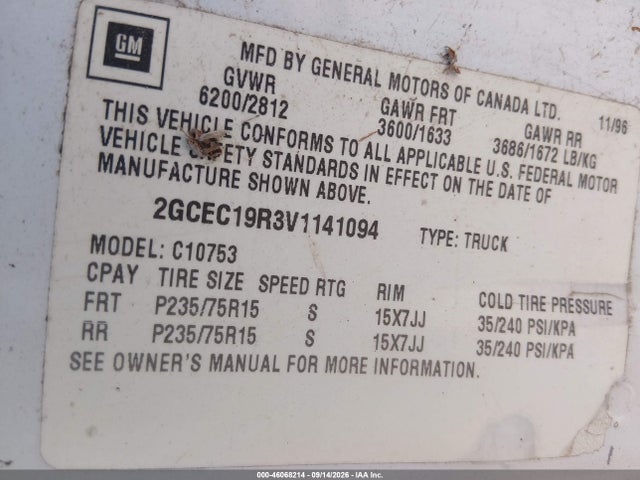 1997 Chevrolet C1500 Fleetside მანქანა იყიდება აუქციონზე, vin: 2GCEC19R3V1141094, აუქციონის ნომერი: 46068214