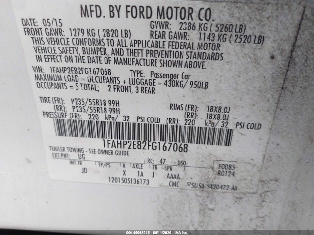 Продажа на аукционе авто 2015 Ford Taurus Sel, vin: 1FAHP2E82FG167068, номер лота: 46068215