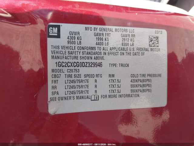 46068217 :رقم المزاد ، 1GC2CXCG0DZ329946 vin ، 2013 Chevrolet Silverado 2500hd Lt مزاد بيع